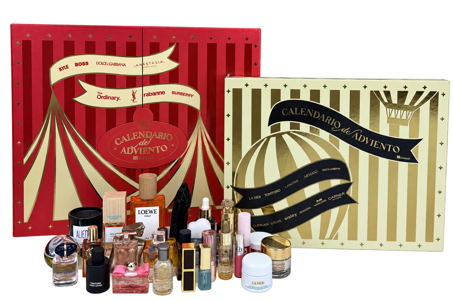 Calendarios de adviento de belleza de Liverpool, rojo y marfil, con productos mini. Recorte con IA de la foto proporcionada por Frida.